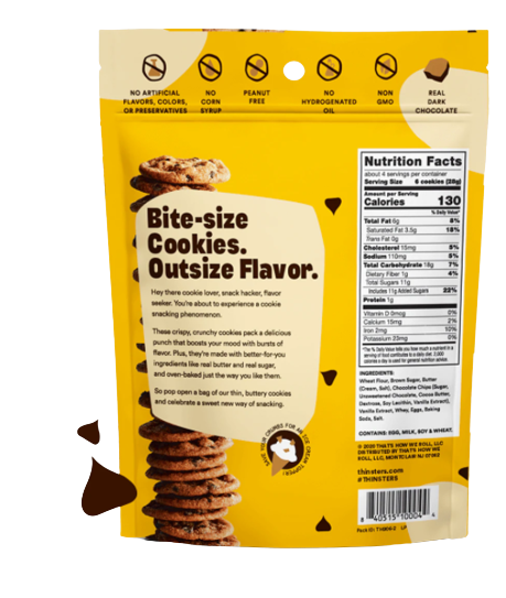 Load image into Gallery viewer, Thinsters Bite Size Cookies Chocolate Chip Back of Bag