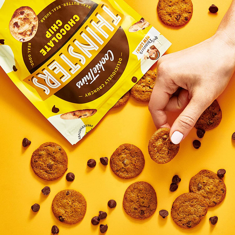 Load image into Gallery viewer, Hand holding Thinsters Bite Size Cookies Chocolate Chip