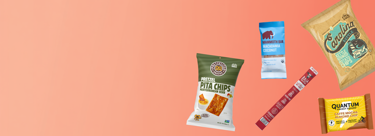 Bulk Snacks collection banner featuring assorted snack products on a coral background