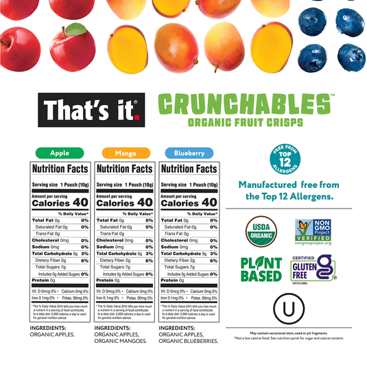 A product information graphic for Crunchables Organic Fruit Crisps. The top features illustrations of apple, mango, and blueberry fruits.